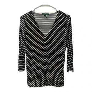 Lauren Ralph Lauren Black/White Chevron V-Neck Top, Medium